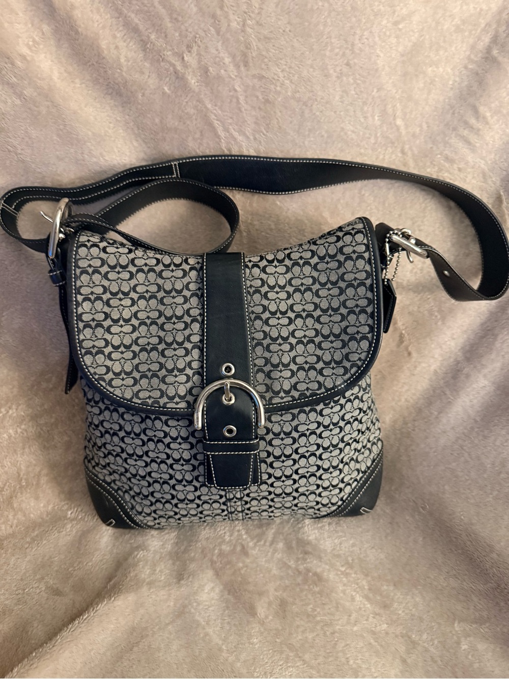 Coach Black and Gray Signature Canvas Crossbody with Buckle Trim